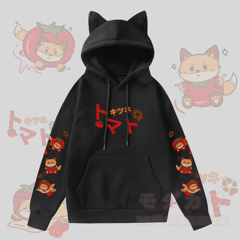 MODAKAWA トマトフォックスグラフィックポケット付き裏起毛パーカー（猫耳付き） - 黒 - 2XL - image 3