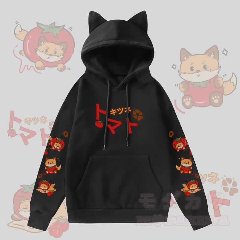 MODAKAWA トマトフォックスグラフィックポケット付き裏起毛パーカー（猫耳付き） - 黒 - 2XL - image 3