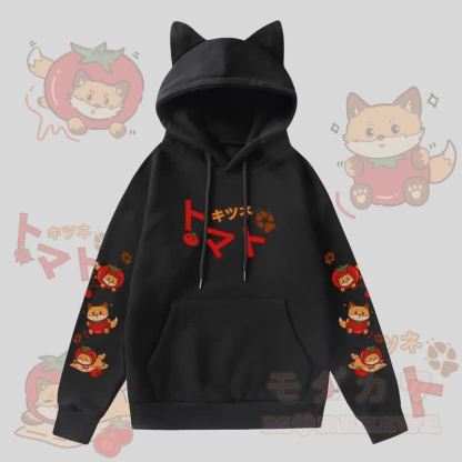 MODAKAWA トマトフォックスグラフィックポケット付き裏起毛パーカー（猫耳付き） - 黒 - 2XL - image 3