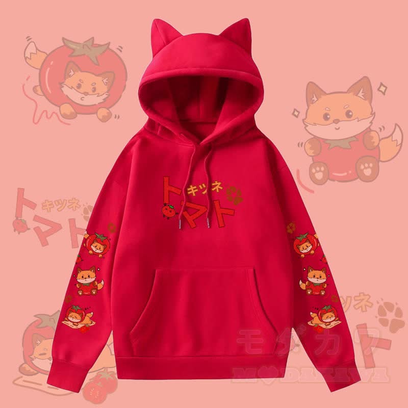 MODAKAWA トマトフォックスグラフィックポケット付き裏起毛パーカー（猫耳付き） - 赤 - 2XL - image 2