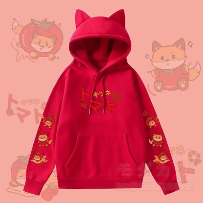 MODAKAWA トマトフォックスグラフィックポケット付き裏起毛パーカー（猫耳付き） - 赤 - 2XL - image 2