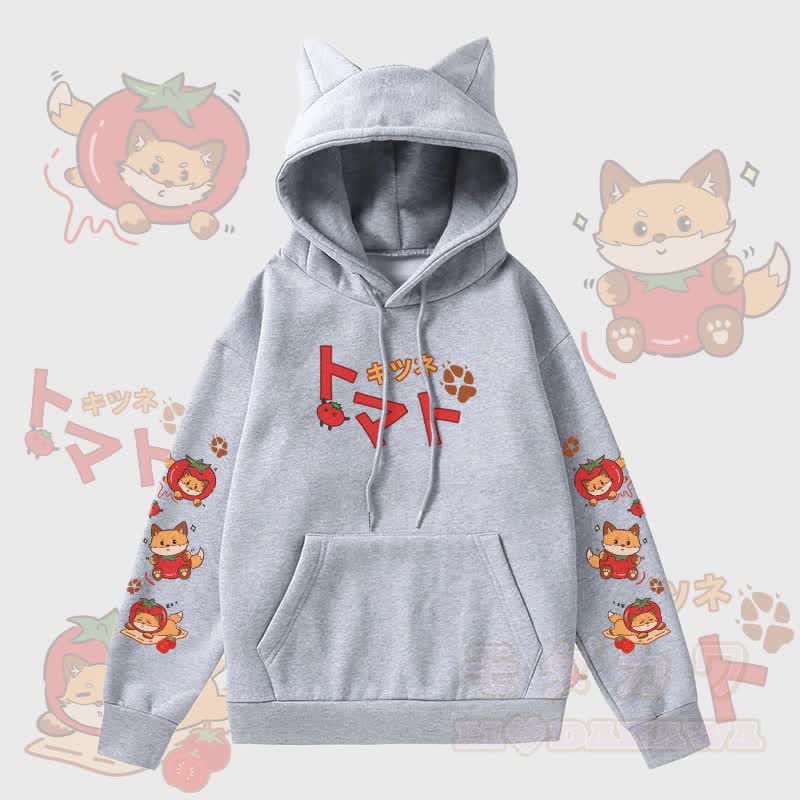 MODAKAWA トマトフォックスグラフィックポケット付き裏起毛パーカー（猫耳付き） - グレー - 2XL - image 1