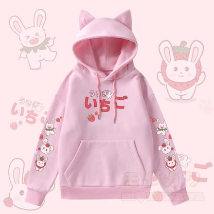 MODAKAWA ストロベリーバニー グラフィックポケット 裏起毛 猫耳パーカー - ピンク - 2XL - image 1