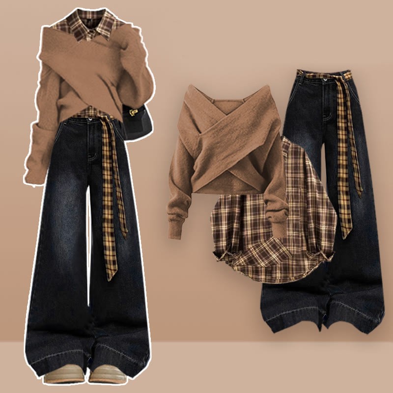 クロスニットセーター、チェックシャツ、ベルト、デニムパンツのマッチングコーデ - Set - XL - image 1