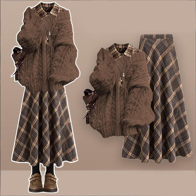 ニットセーター、チェックシャツ、スカートのコーディネート - Set - XL - image 1