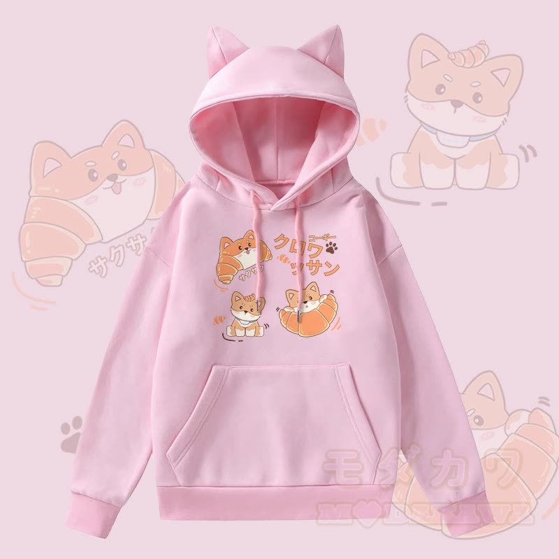 MODAKAWA クロワッサン パピー グラフィック ポケット フリース 裏地 猫耳パーカー - ピンク - 2XL - image 3