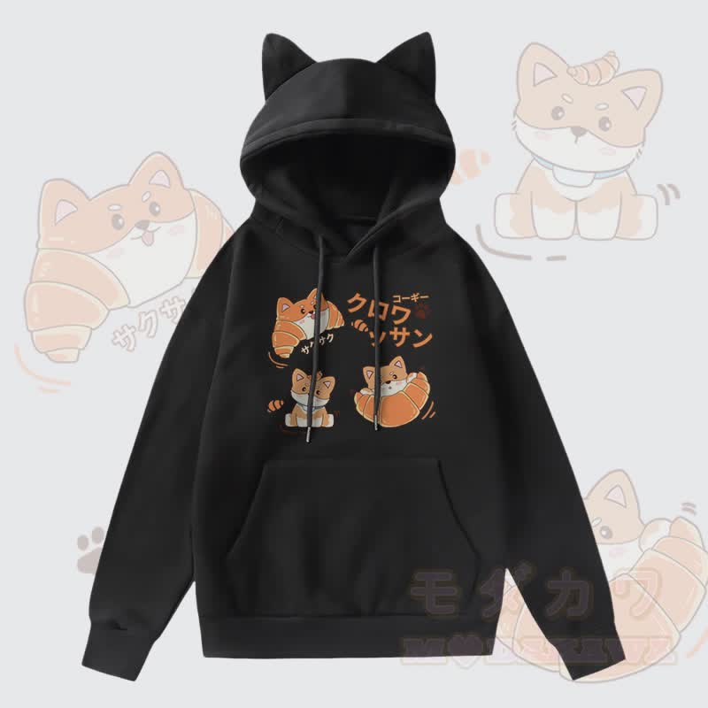 MODAKAWA クロワッサン パピー グラフィック ポケット フリース 裏地 猫耳パーカー - 黒 - 2XL - image 1