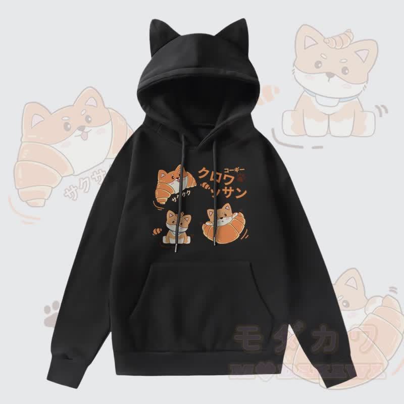 MODAKAWA クロワッサン パピー グラフィック ポケット フリース 裏地 猫耳パーカー - 黒 - 2XL - image 1