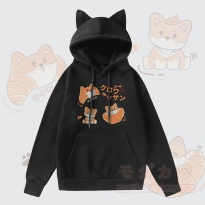 MODAKAWA クロワッサン パピー グラフィック ポケット フリース 裏地 猫耳パーカー - 黒 - 2XL - image 1