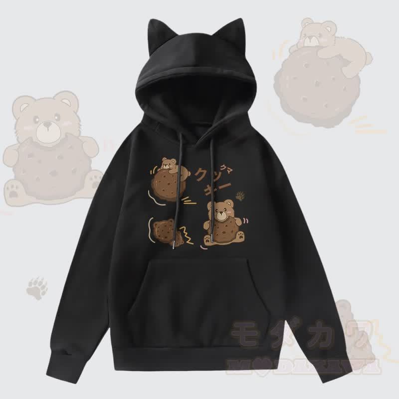 MODAKAWA クッキーベア グラフィックポケット 裏起毛 猫耳パーカー - 黒 - 2XL - image 2