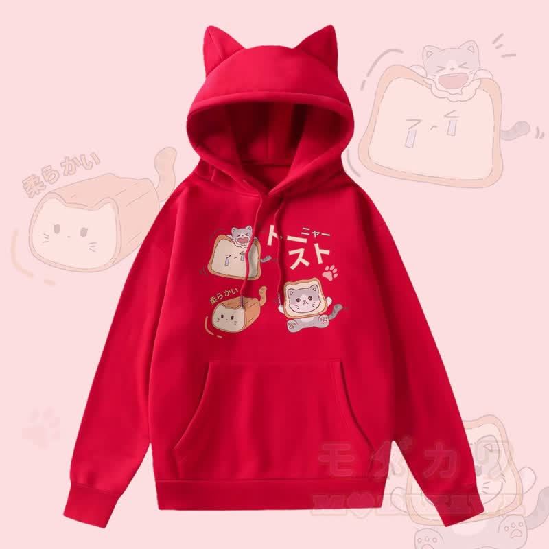 MODAKAWA トーストキャット グラフィックポケット 裏起毛 猫耳付きパーカー - 赤 - 2XL - image 2
