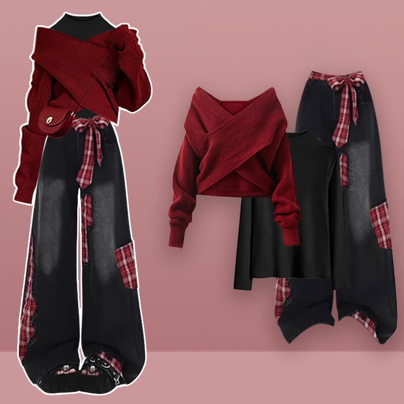 クロスニットセーター、ブラックトップス、チェック柄デニムパンツのマッチングコーデ - Set - XL - image 1