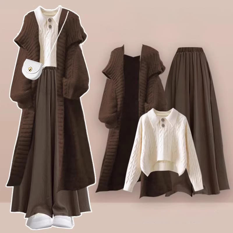 ニットセーター、カーディガン、セーター、ワイドレッグパンツスカートのマッチングコーデ - Set - XL - image 1