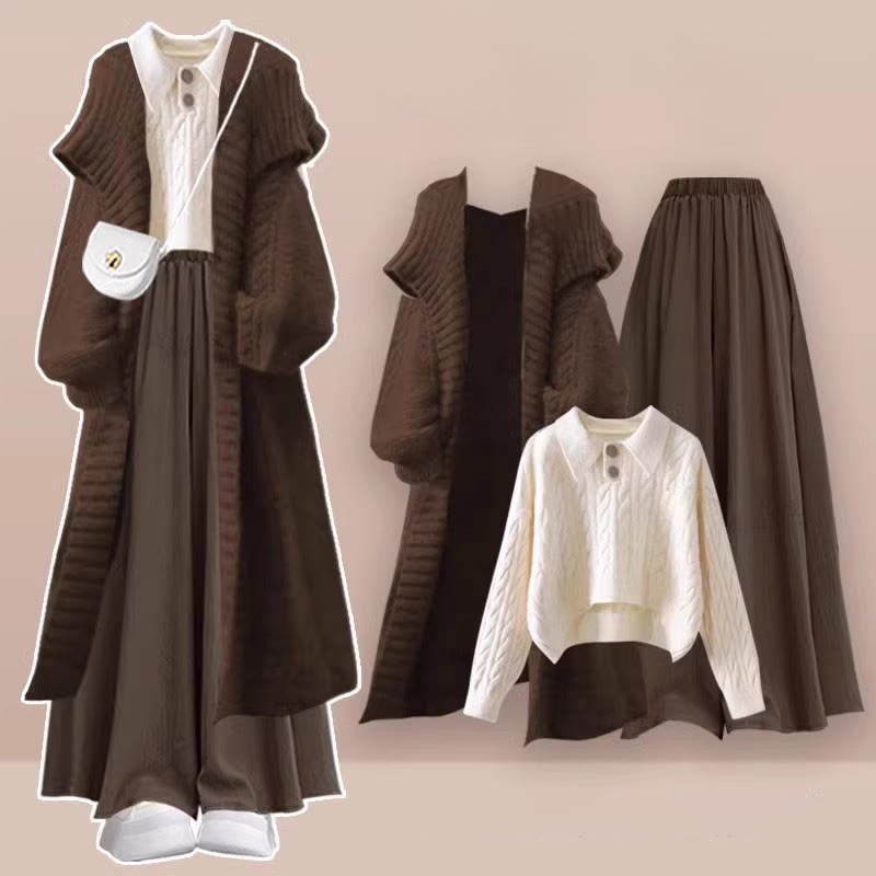 ニットセーター、カーディガン、セーター、ワイドレッグパンツスカートのマッチングコーデ - Set - XL - image 1