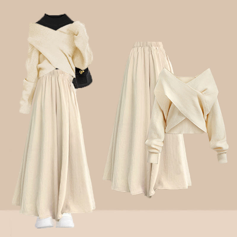 クロスニットセーター、ブラックトップス、ワイドレッグパンツスカートのマッチングコーデ - Set - XL - image 1