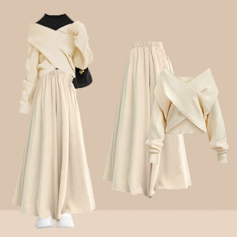 クロスニットセーター、ブラックトップス、ワイドレッグパンツスカートのマッチングコーデ - Set - XL - image 1