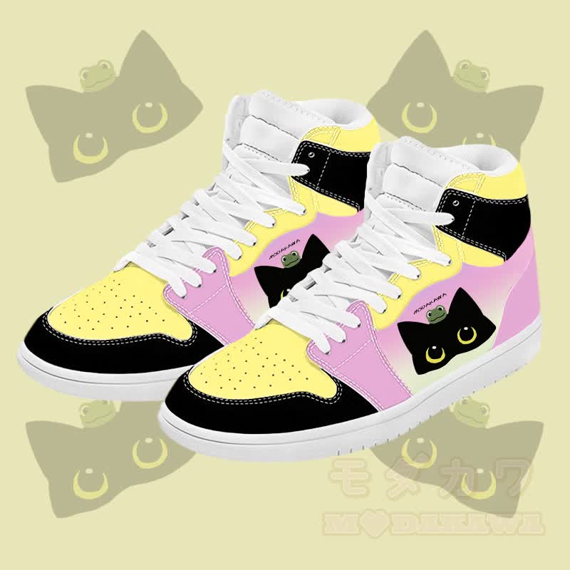 MODAKAWA グラデーション カエルと黒猫のグラフィックカラーブロック ハイトップ キャンバスシューズ - 黄色 - 48 - image 2