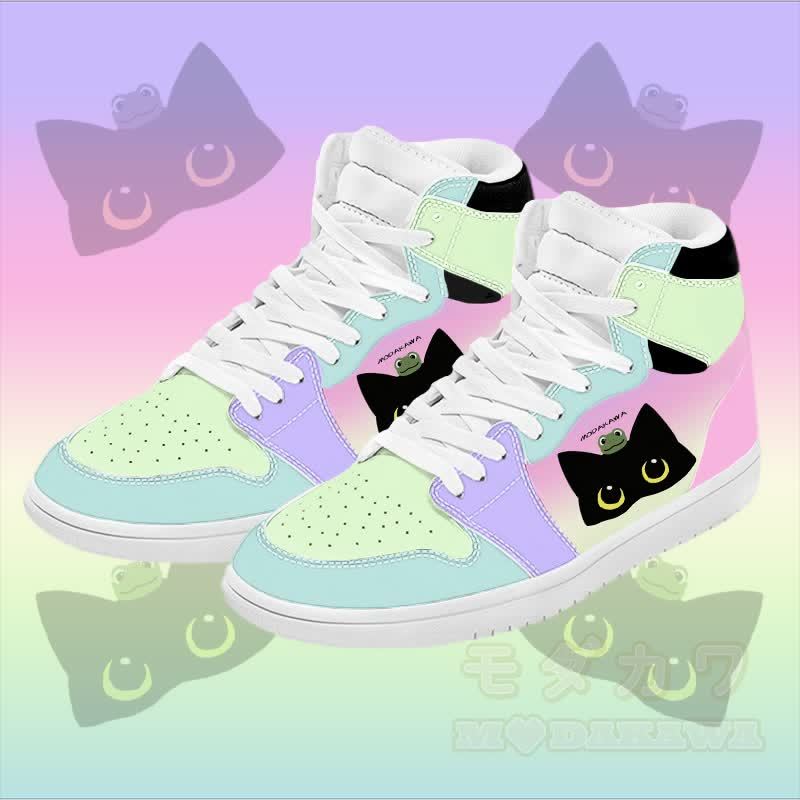 MODAKAWA グラデーション カエルと黒猫のグラフィックカラーブロック ハイトップ キャンバスシューズ - 緑 - 48 - image 1