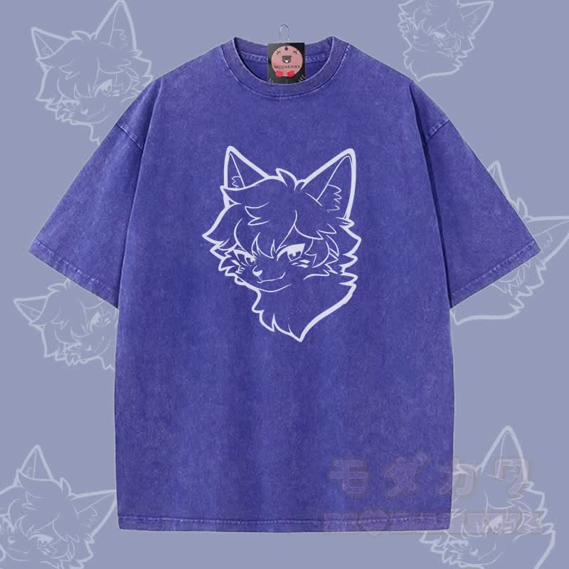 MODAKAWA クールフォックスボーイグラフィック ユニセックス ヴィンテージウォッシュTシャツ - 青 - 5XL - image 2
