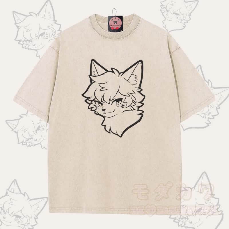 MODAKAWA クールフォックスボーイグラフィック ユニセックス ヴィンテージウォッシュTシャツ - アプリコット - 5XL - image 1