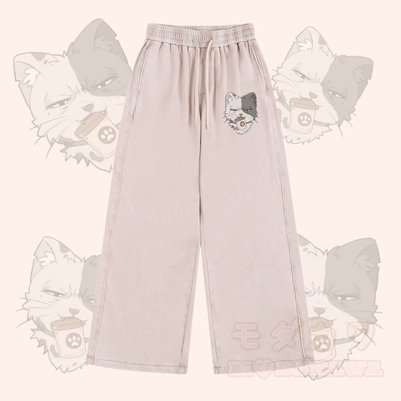 MODAKAWA 缶を持った猫のグラフィック ヴィンテージウォッシュ加工 アジャスタブルヘムパンツ - アプリコット - 2XL - image 1