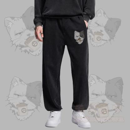 MODAKAWA 缶を持った猫のグラフィック ヴィンテージウォッシュドジョガーパンツ - image 1