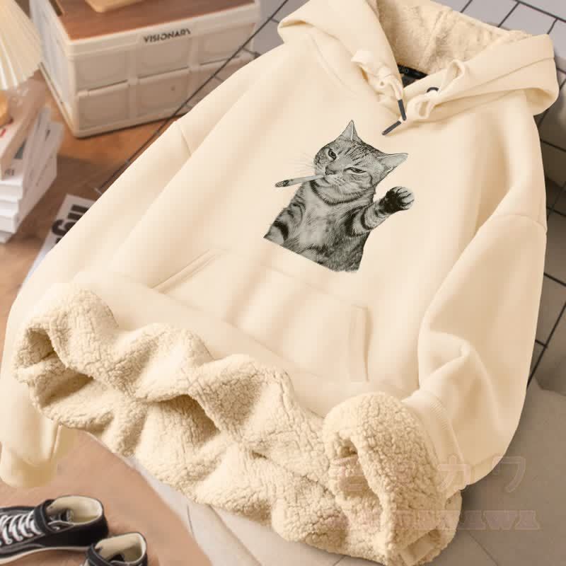 MODAKAWA スモーキングキャットグラフィック 厚手裏起毛冬パーカー - アプリコット - 2XL - image 2