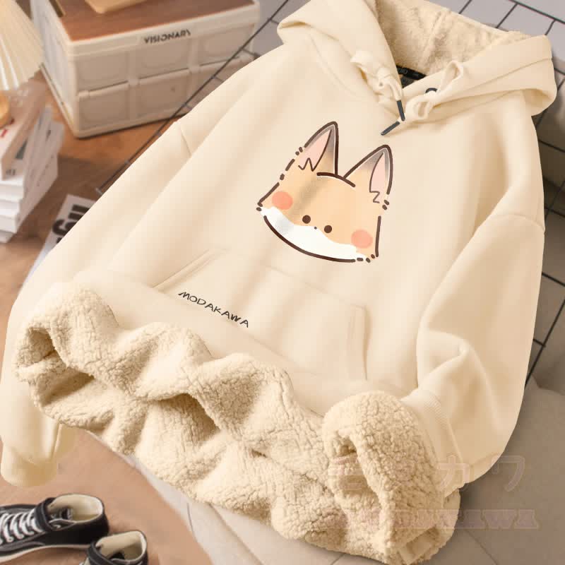 MODAKAWA キュートなキツネの顔のグラフィック 厚手裏起毛冬パーカー - アプリコット - 2XL - image 1