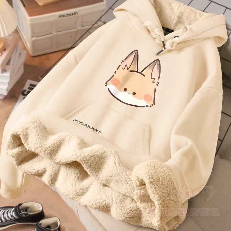 MODAKAWA キュートなキツネの顔のグラフィック 厚手裏起毛冬パーカー - アプリコット - 2XL - image 1