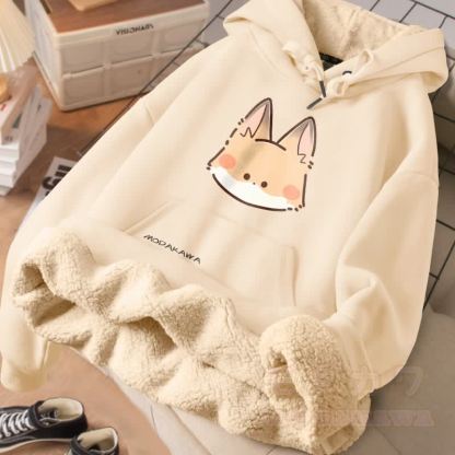 MODAKAWA キュートなキツネの顔のグラフィック 厚手裏起毛冬パーカー - アプリコット - 2XL - image 1