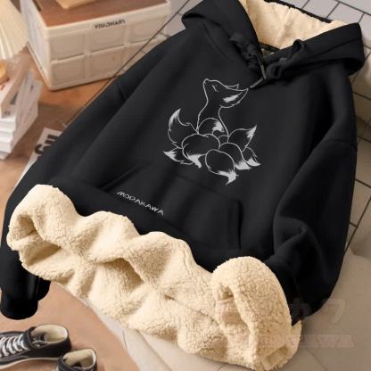 MODAKAWA ミスティック 九尾狐 グラフィック 厚手 裏起毛冬パーカー - 黒 - 2XL - image 1
