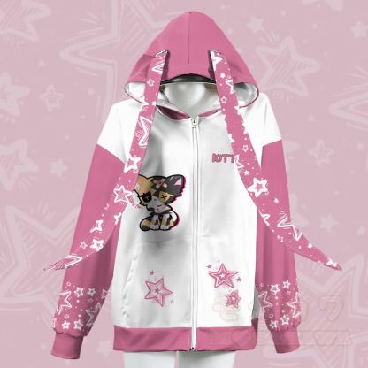 MODAKAWA サッドキティ グラフィック ジッパー ロング バニーイヤー パーカー - ピンク - 4XL - image 2