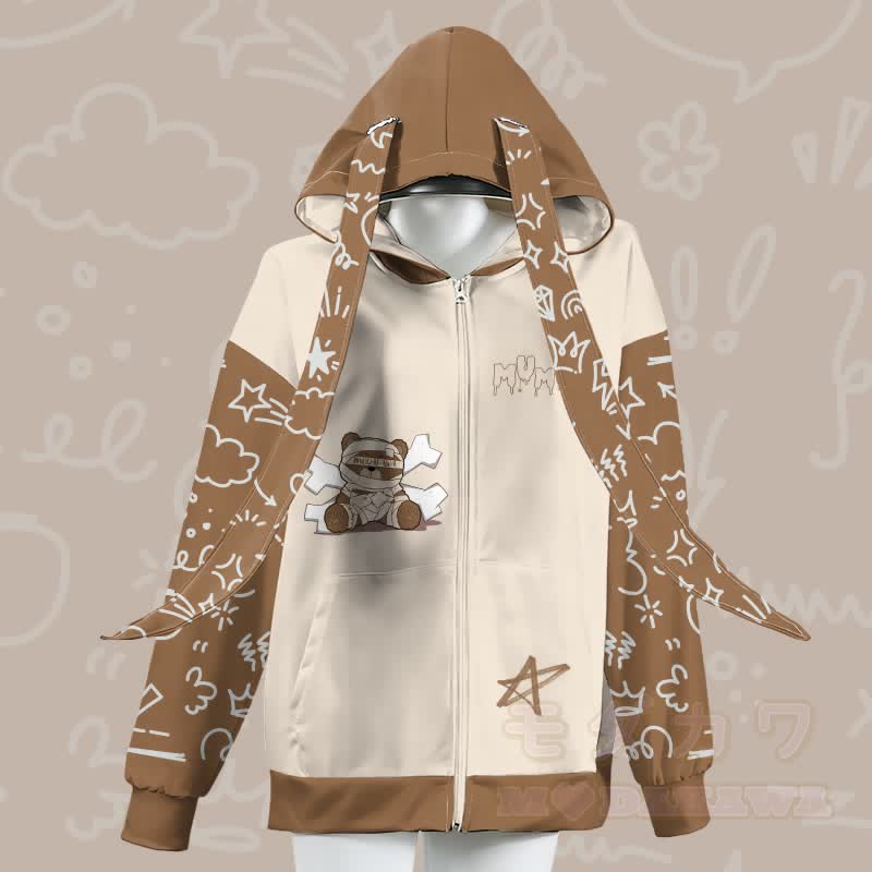 MODAKAWA マミーベア グラフィック ジッパー ロング バニーイヤー パーカー - 茶色 - 4XL - image 2