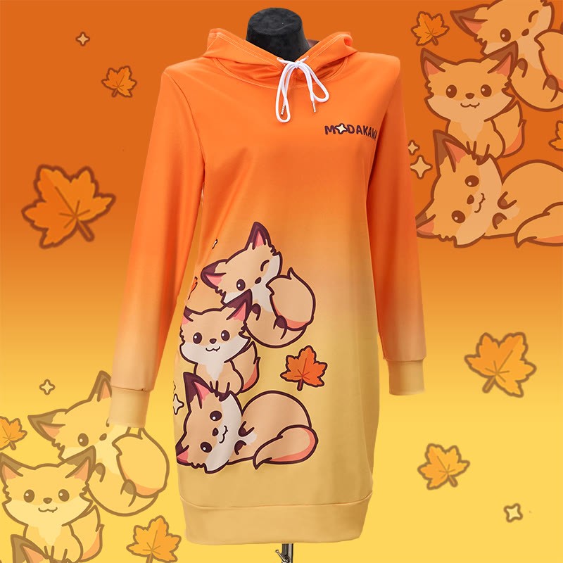 MODAKAWA グラデーションフォックス フード付きスウェットシャツ ドレス サイドポケット付き - Orange - 4XL - image 1