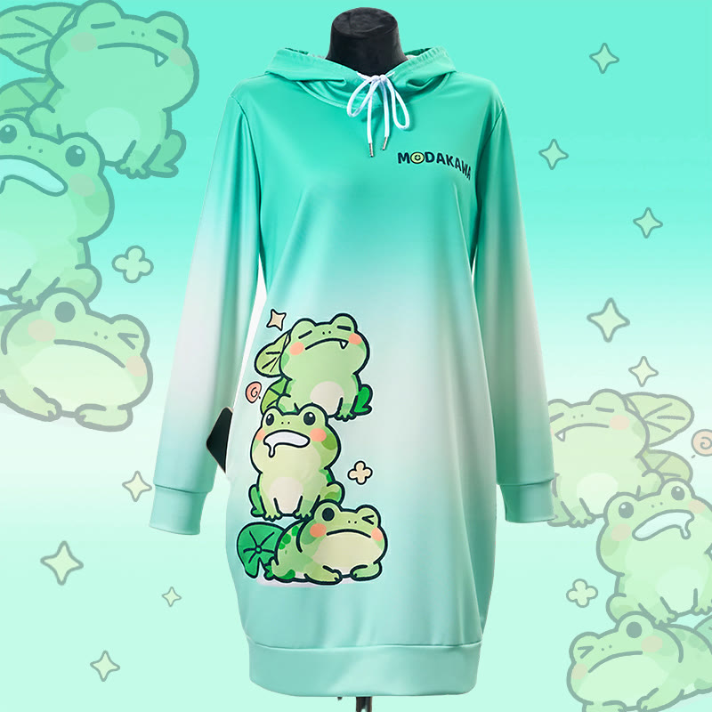 MODAKAWA グラデーション キュート カエル フード付き スウェットシャツ ドレス サイドポケット付き - Green - 4XL - image 1