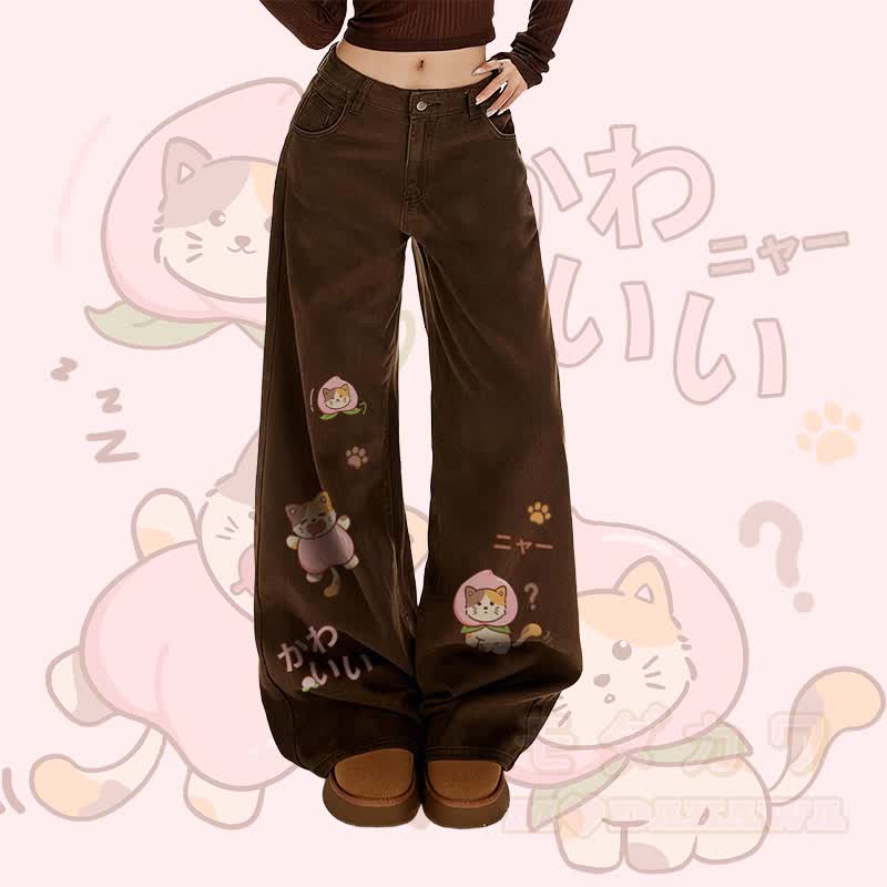 MODAKAWA ピーチキャットグラフィック ワイドレッグデニムパンツ - 茶色 - XL - image 1
