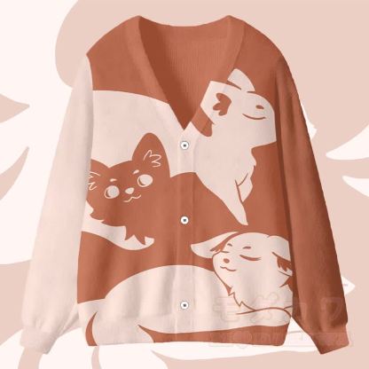 MODAKAWAカラーブロックフォックスグラフィックカーディガントップス - オレンジ - 4XL - image 1