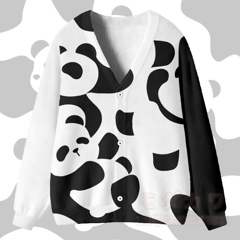 MODAKAWAカラーブロック パンダ グラフィック カーディガン トップス - ホワイト＆ブラック - 4XL - image 1