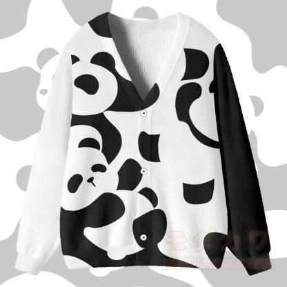 MODAKAWAカラーブロック パンダ グラフィック カーディガン トップス - ホワイト＆ブラック - 4XL - image 1