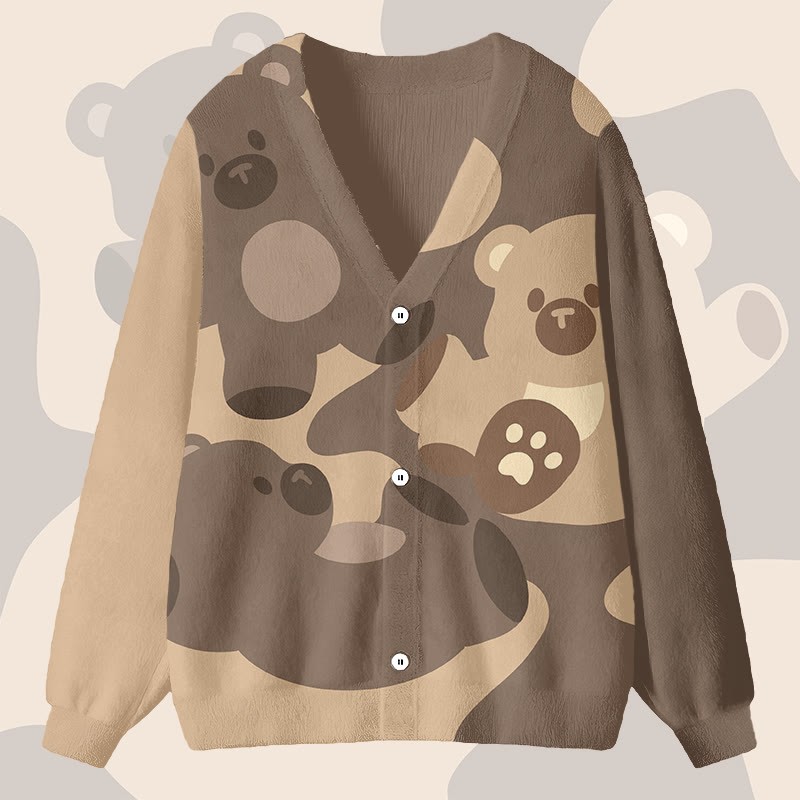 MODAKAWAカラーブロック ベア グラフィック カーディガン トップス - Brown - 4XL - image 1