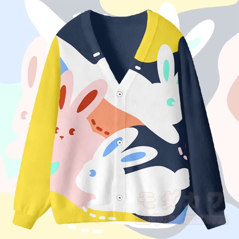 MODAKAWAカラーブロック バニーグラフィック カーディガン トップス - 黄色と紫がかった青 - 4XL - image 1