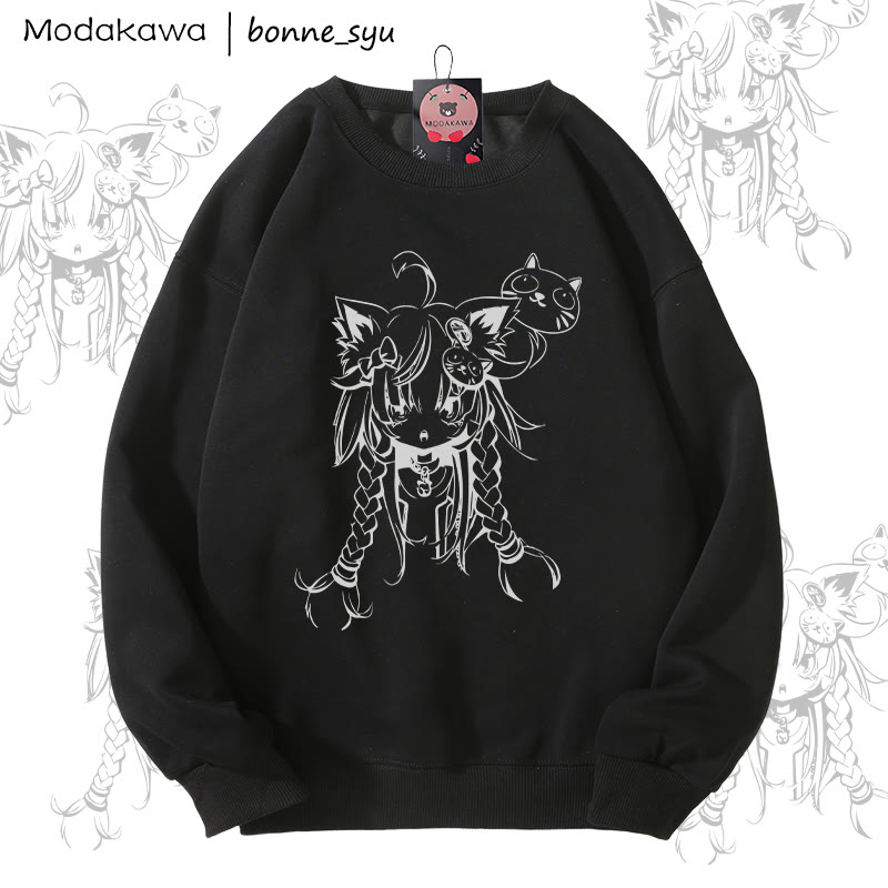 MODAKAWA X bonne_syu キャットガール グラフィック ユニセックス スウェットシャツ - Black - 5XL - image 1
