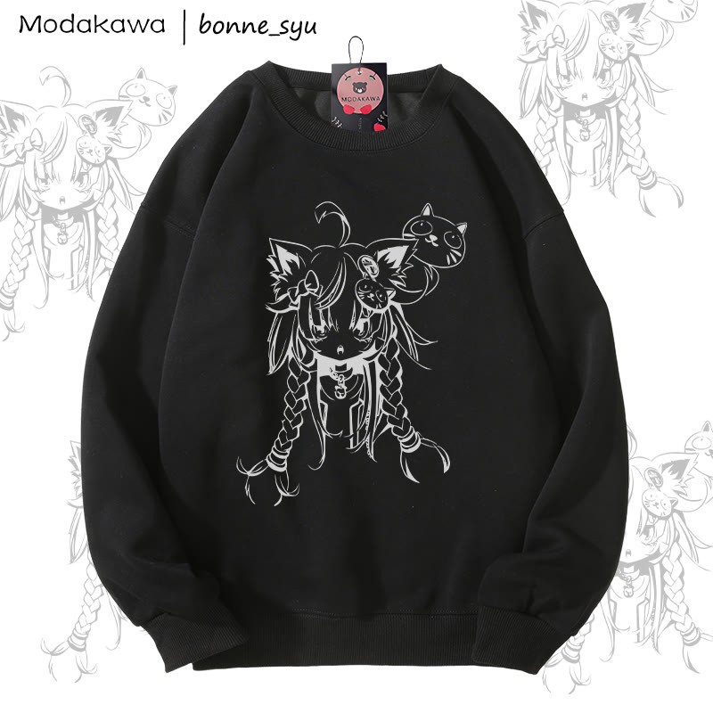 MODAKAWA X bonne_syu キャットガール グラフィック ユニセックス スウェットシャツ - Black - 5XL - image 1