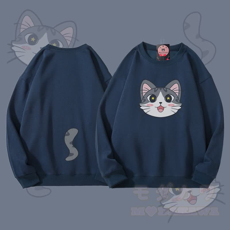 MODAKAWA 猫の顔と尻尾のグラフィック ユニセックス スウェットシャツ - ダスティブルー - 5XL - image 1