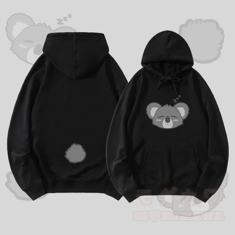MODAKAWA スリーピーコアラの顔と尻尾のグラフィック ストリートウェア プルオーバー パーカー - 黒 - 5XL - image 1
