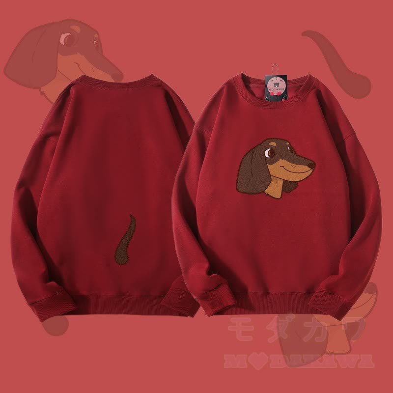 MODAKAWA 子犬の顔と尻尾のグラフィック ユニセックス スウェットシャツ - ワインレッド - 5XL - image 2