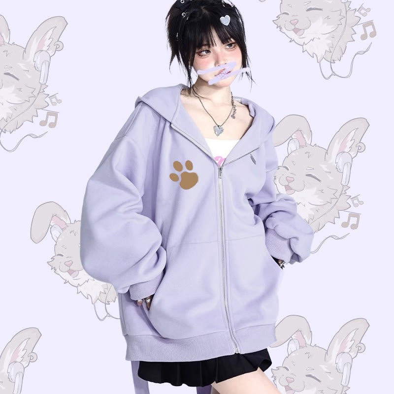 MODAKAWA ナビ 音楽を聴くグラフィック ロング ウサギ耳 ポケット ジッパー フード付き スウェットシャツ - image 2