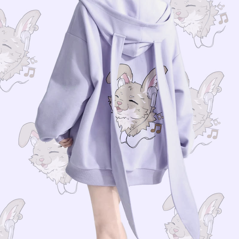 MODAKAWA ナビ 音楽を聴くグラフィック ロング ウサギ耳 ポケット ジッパー フード付き スウェットシャツ - Purple - 2XL - image 1