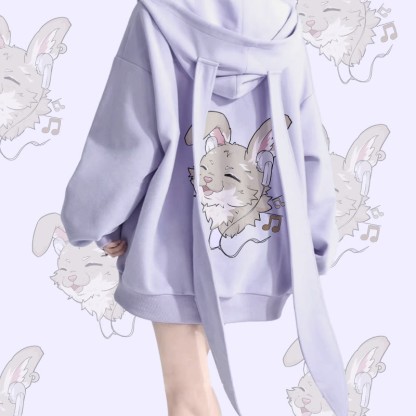 MODAKAWA ナビ 音楽を聴くグラフィック ロング ウサギ耳 ポケット ジッパー フード付き スウェットシャツ - Purple - 2XL - image 1