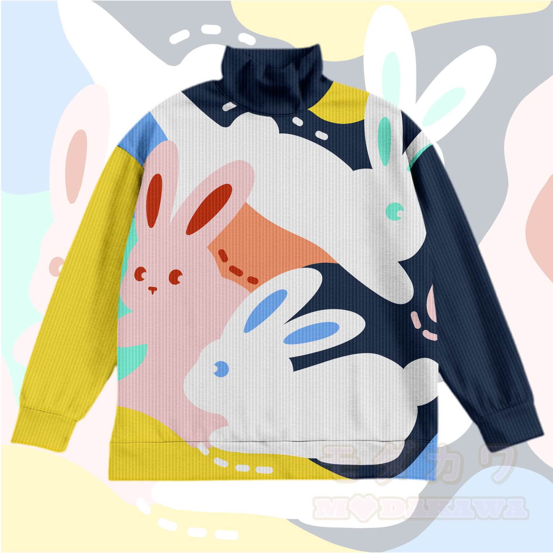 MODAKAWA バニーグラフィック オールオーバープリント ワッフルスウェットシャツ - 黄色と紫がかった青 - 4XL - image 1